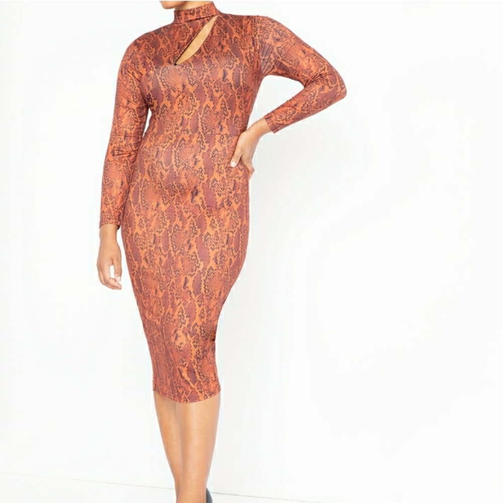 Eloquii The Hendrix Burnt Orange Sleek Snakeskin Print Bodycon  Cutout D… - Picture 2 of 10